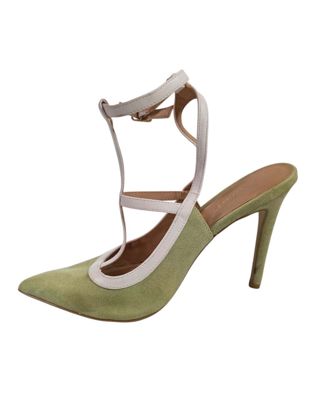 Eva Mendes NY T-Strap Pointed Toe Stiletto Heels Green Faux Suede Pumps Size 9M - Picture 5 of 16
